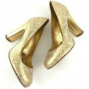 Tory Burch gold metalic pattern chunky heels
